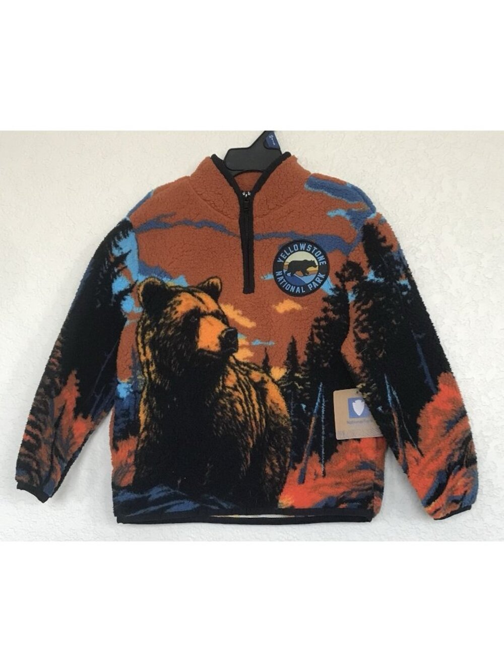 Yellowstone National Park Sweatshirt Boys Pullover Size 4/5 Sherpa 1/4 Zip Bear